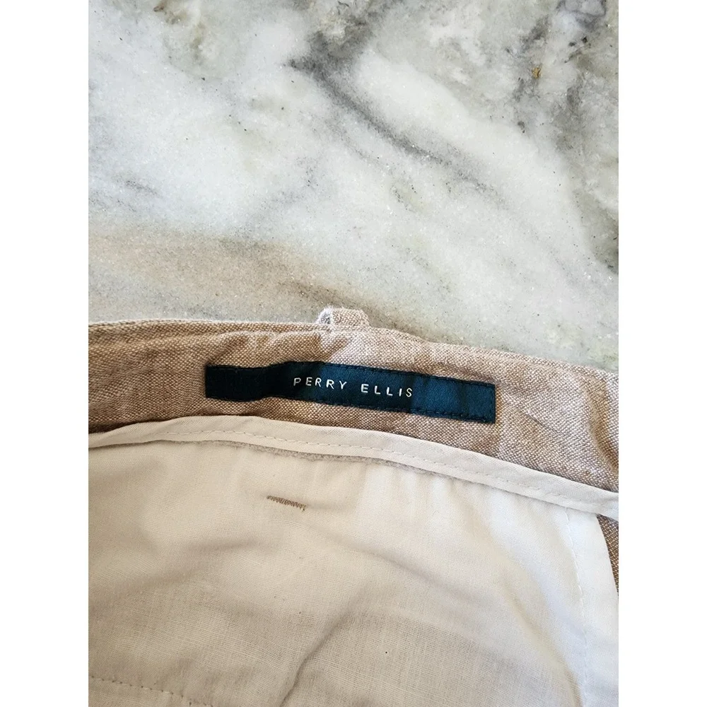 Perry Ellis Mens Tan Linen Blend Drawstring Pants 38x30 Beach Straight Leg